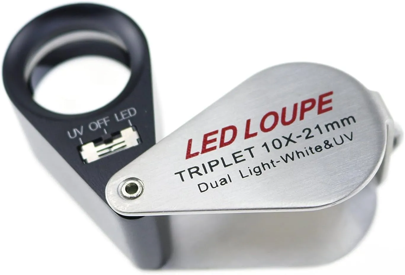10X Foldable Pocket Magnifier Loupe with UV and LED Light for Jewelry, Rocks, Coins, and Antiques - Illuminated Magnifying Tool for Eye, Stamps, Watches, Hobbies, and Gems