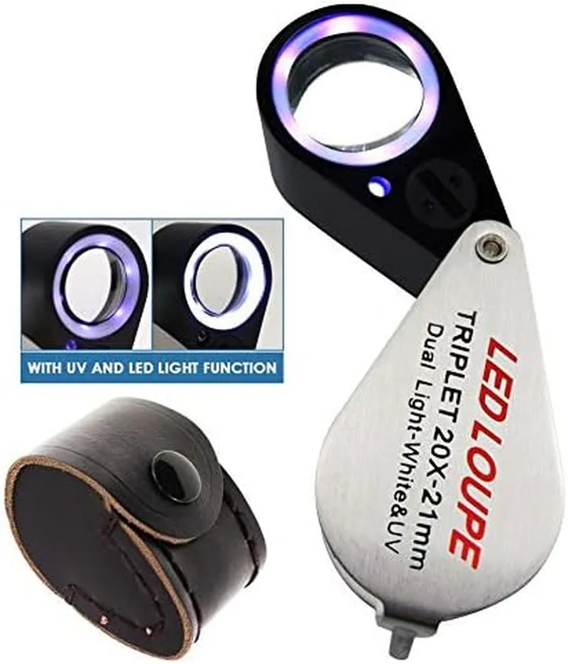 10X Foldable Pocket Magnifier Loupe with UV and LED Light for Jewelry, Rocks, Coins, and Antiques - Illuminated Magnifying Tool for Eye, Stamps, Watches, Hobbies, and Gems