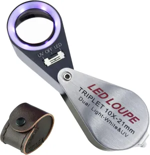 10X Foldable Pocket Magnifier Loupe with UV and LED Light for Jewelry, Rocks, Coins, and Antiques - Illuminated Magnifying Tool for Eye, Stamps, Watches, Hobbies, and Gems