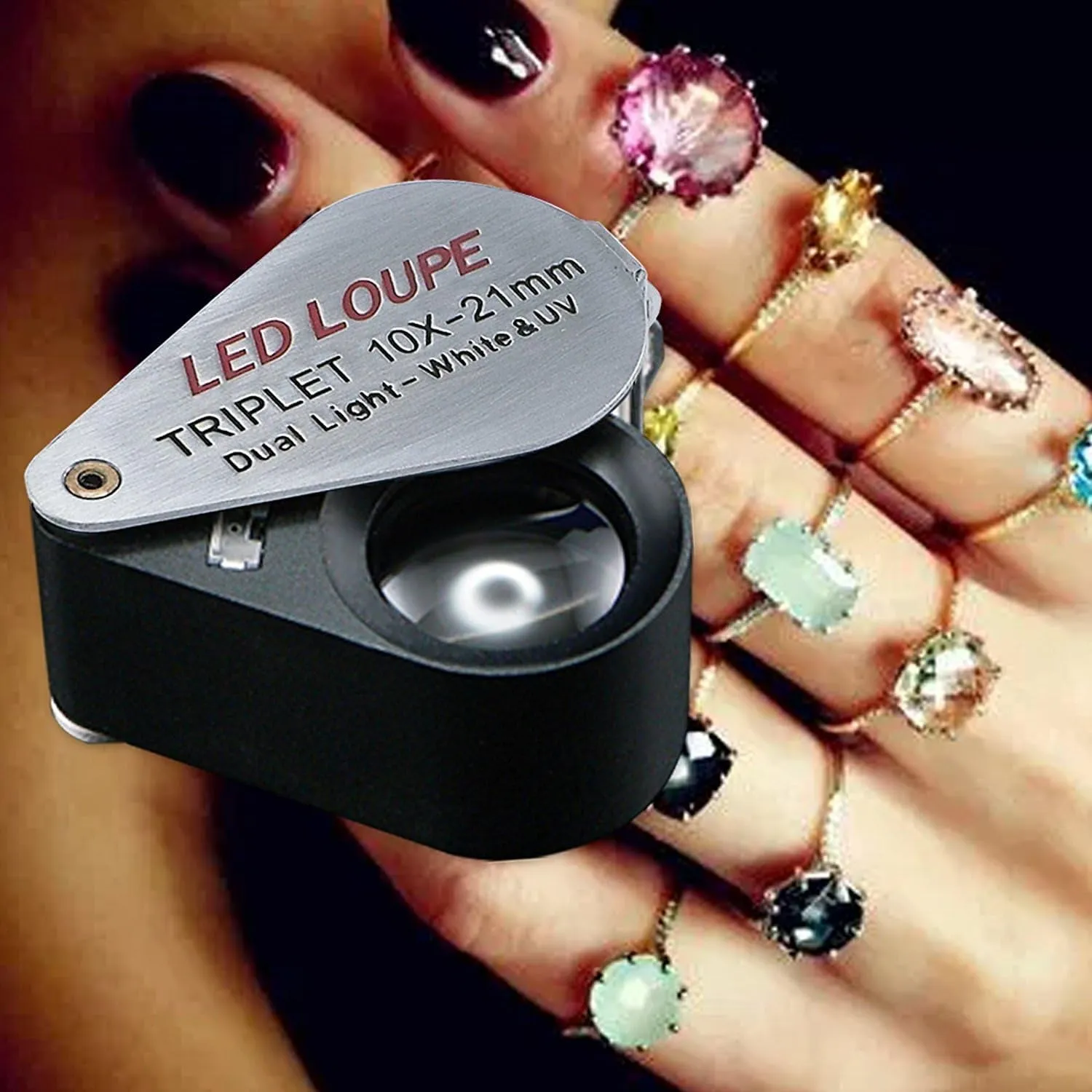 10X Foldable Pocket Magnifier Loupe with UV and LED Light for Jewelry, Rocks, Coins, and Antiques - Illuminated Magnifying Tool for Eye, Stamps, Watches, Hobbies, and Gems