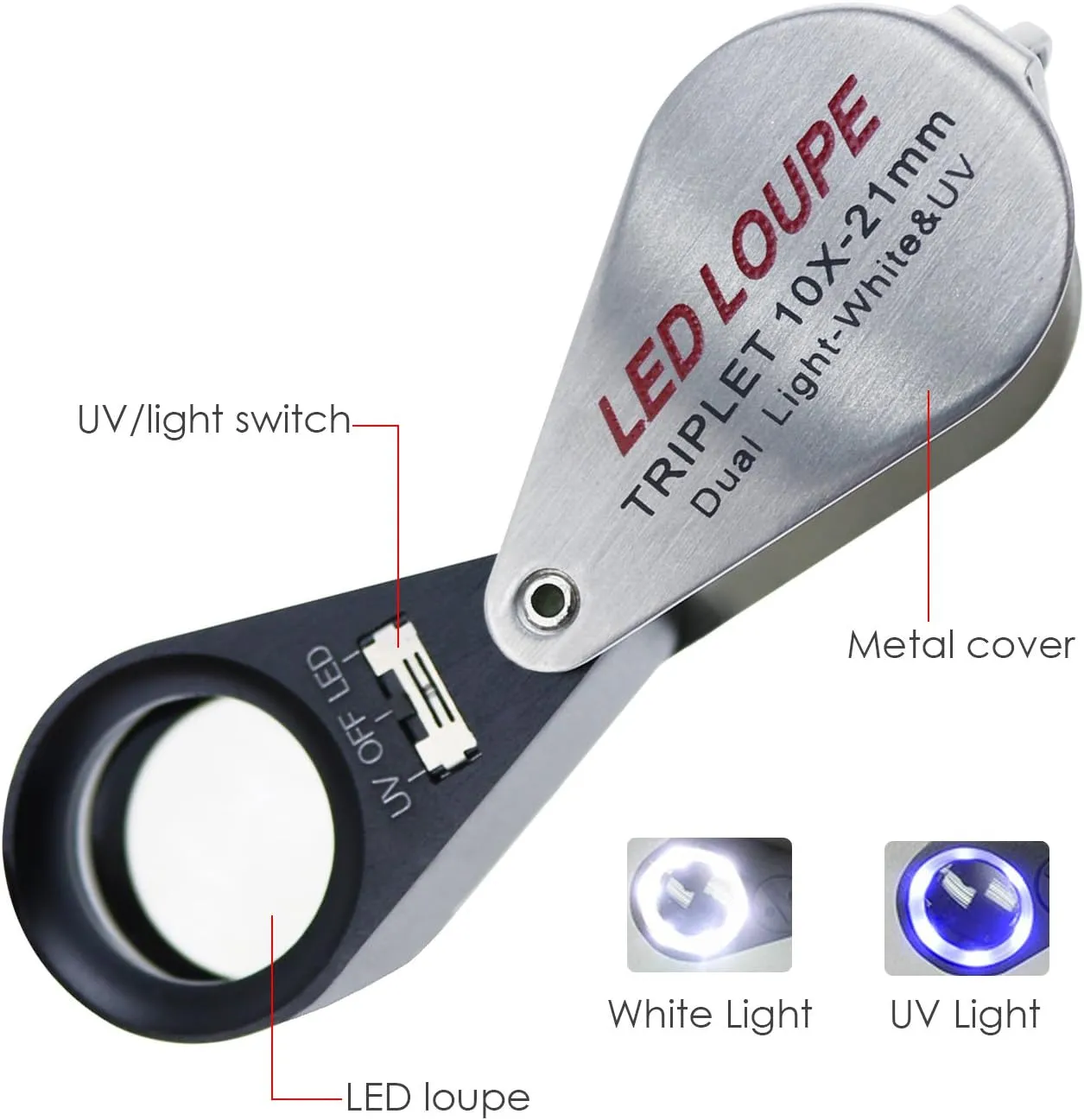10X Foldable Pocket Magnifier Loupe with UV and LED Light for Jewelry, Rocks, Coins, and Antiques - Illuminated Magnifying Tool for Eye, Stamps, Watches, Hobbies, and Gems