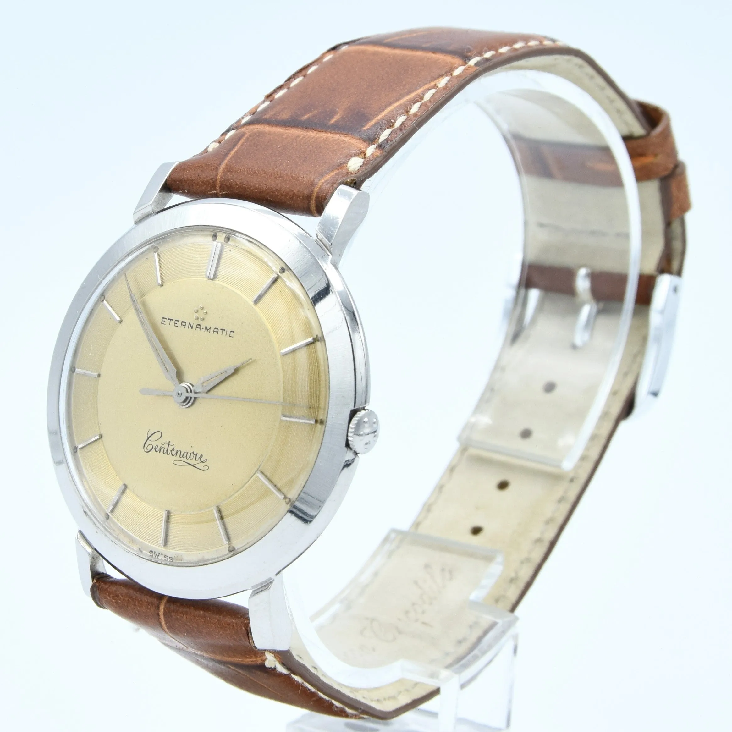 1958 Sleek Eterna-Matic Centenaire Automatic Wristwatch with Stunning Two Tone Original Champagne Dial