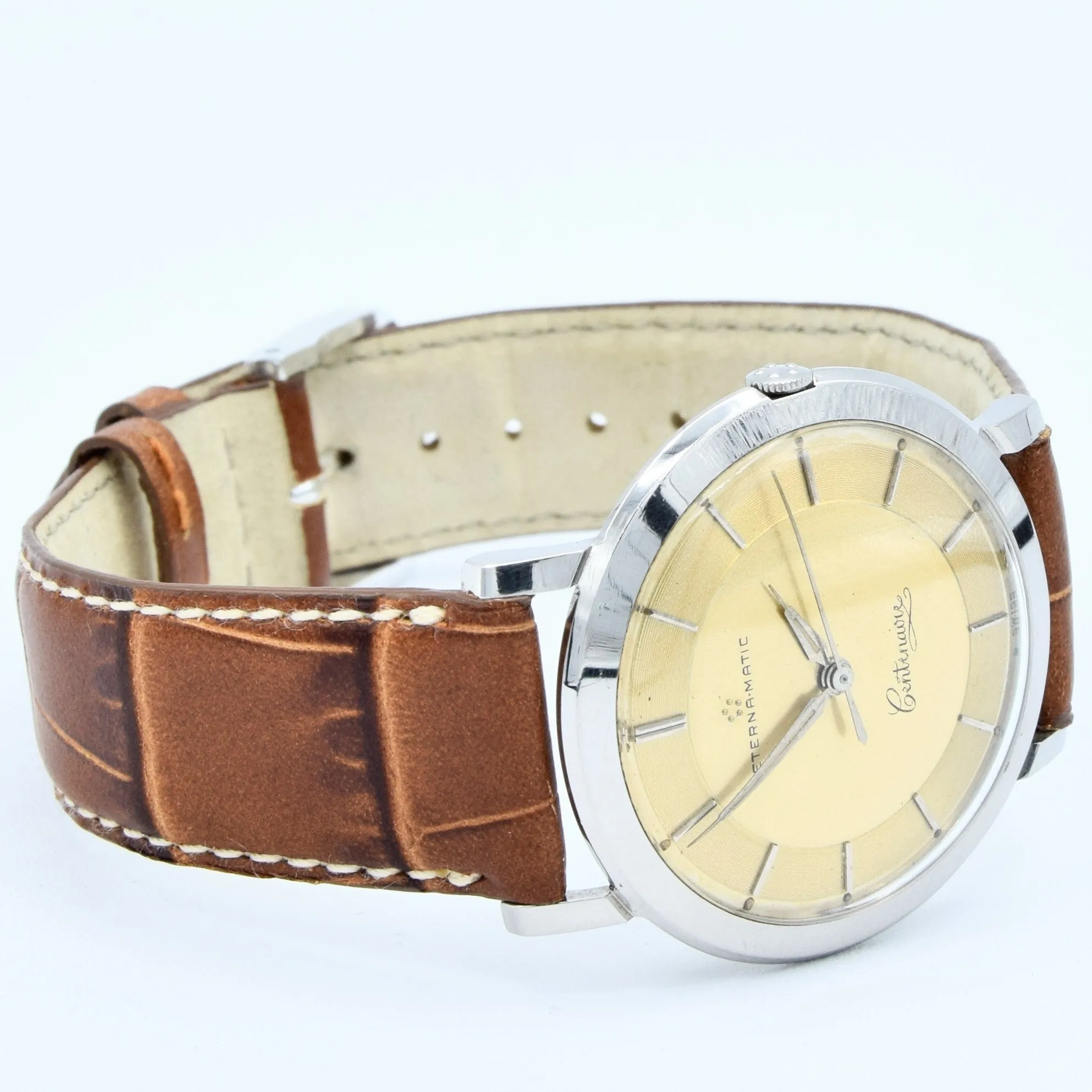 1958 Sleek Eterna-Matic Centenaire Automatic Wristwatch with Stunning Two Tone Original Champagne Dial