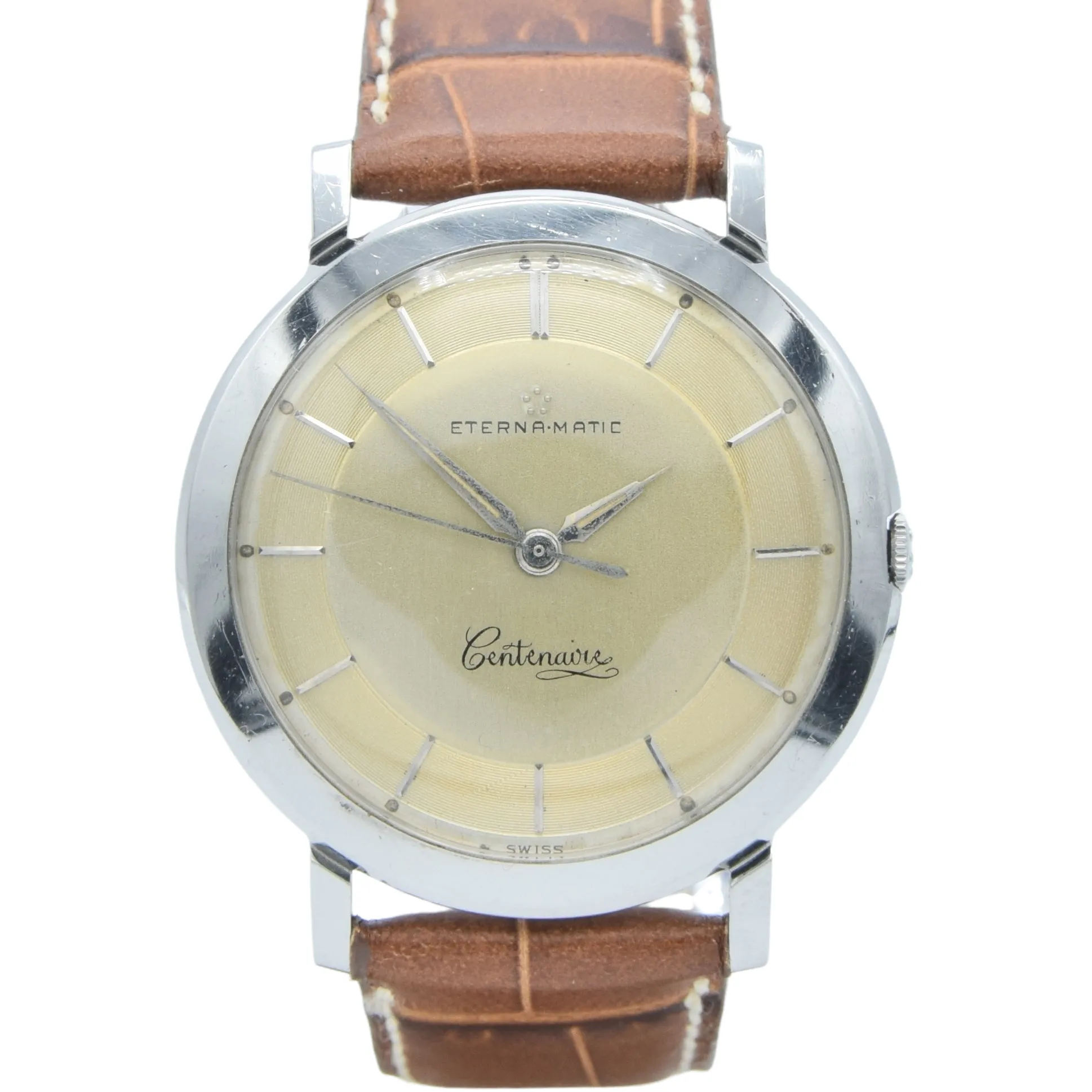 1958 Sleek Eterna-Matic Centenaire Automatic Wristwatch with Stunning Two Tone Original Champagne Dial
