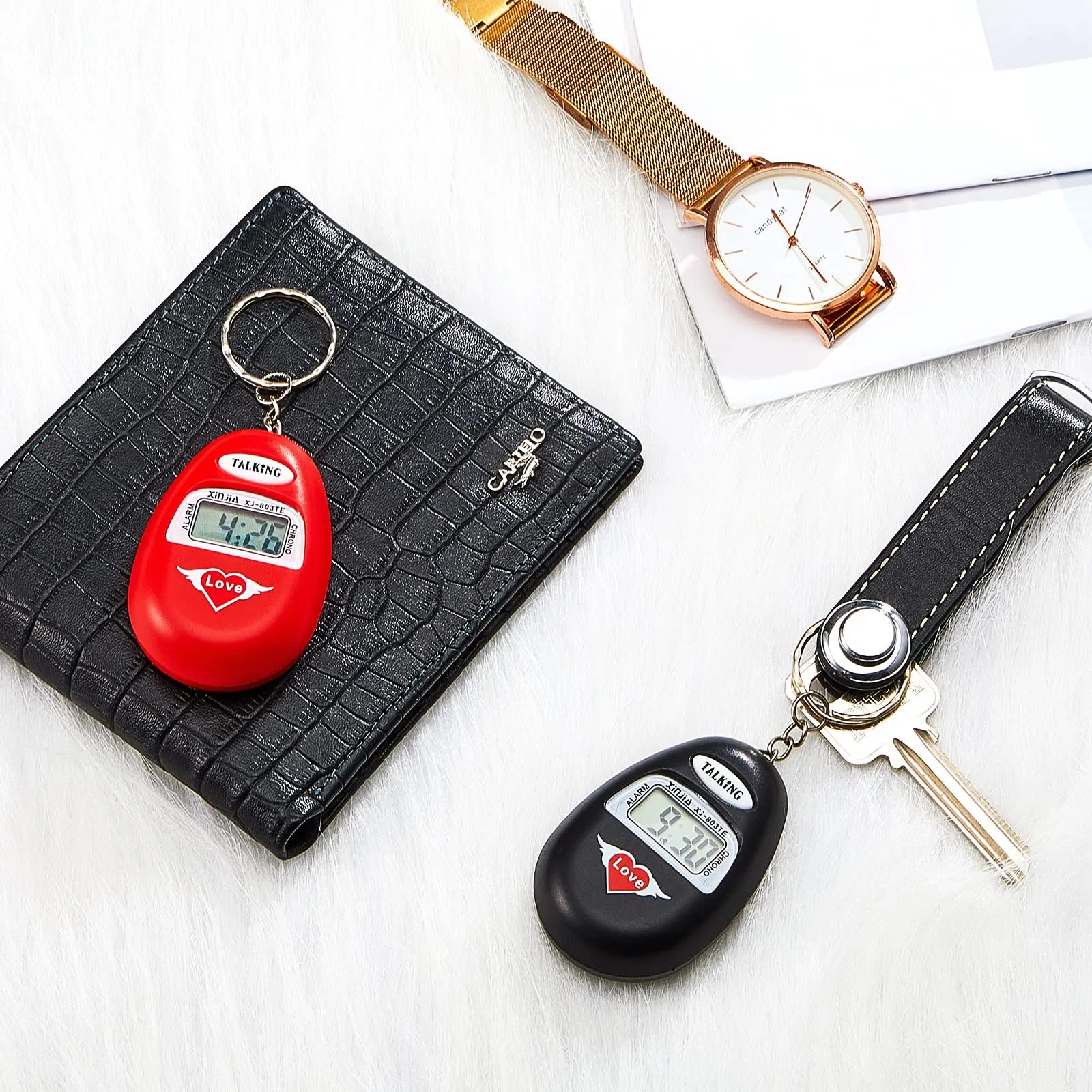 2 Pcs English Language Talking Key Chain Clock Big Voice with Alarm Talking Clock for Blind People Visually Impaired Elderly Low Vision Clocks Talking Alarm Clock Keychain Black Red