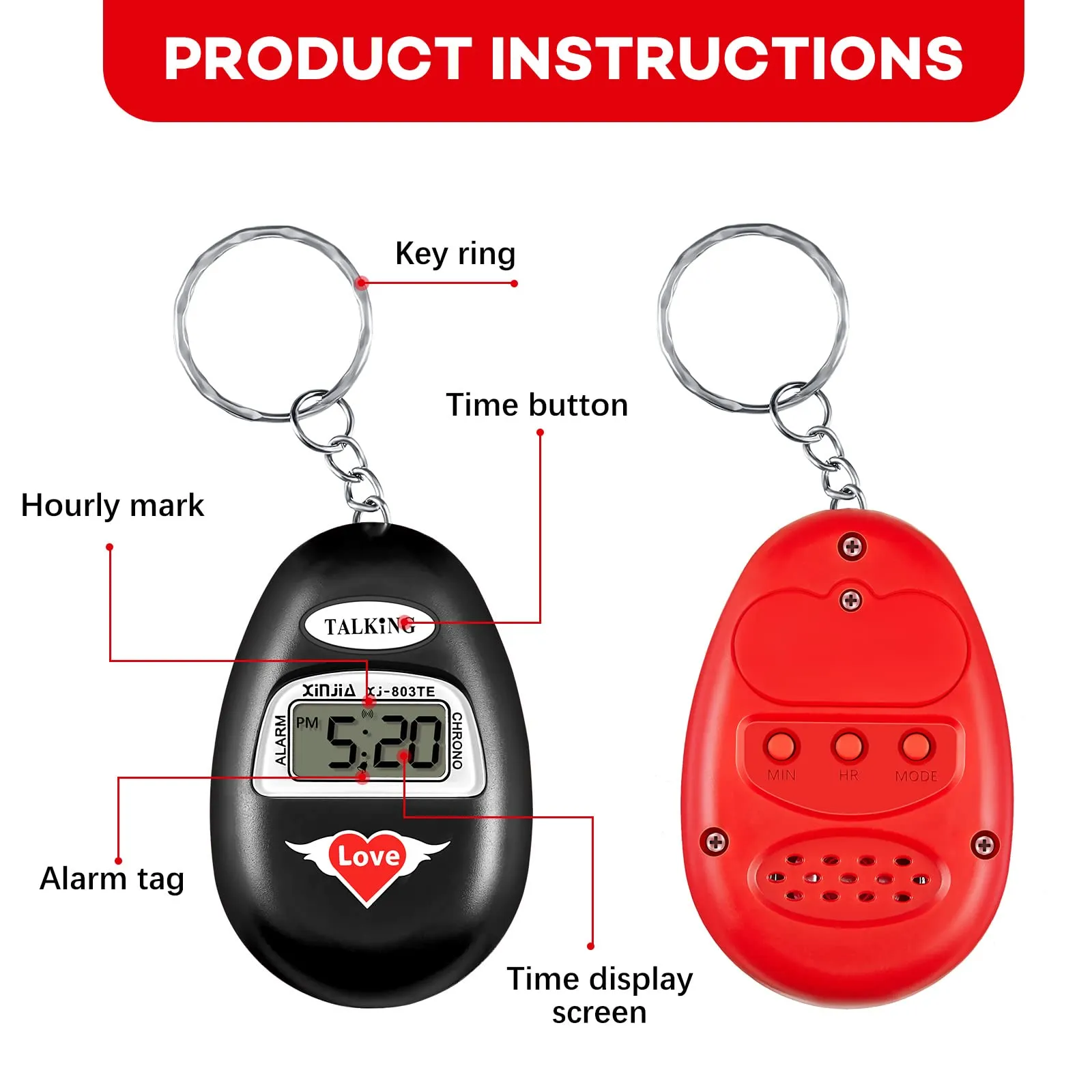 2 Pcs English Language Talking Key Chain Clock Big Voice with Alarm Talking Clock for Blind People Visually Impaired Elderly Low Vision Clocks Talking Alarm Clock Keychain Black Red