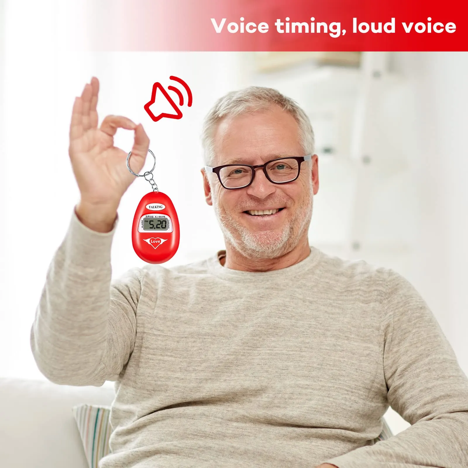 2 Pcs English Language Talking Key Chain Clock Big Voice with Alarm Talking Clock for Blind People Visually Impaired Elderly Low Vision Clocks Talking Alarm Clock Keychain Black Red
