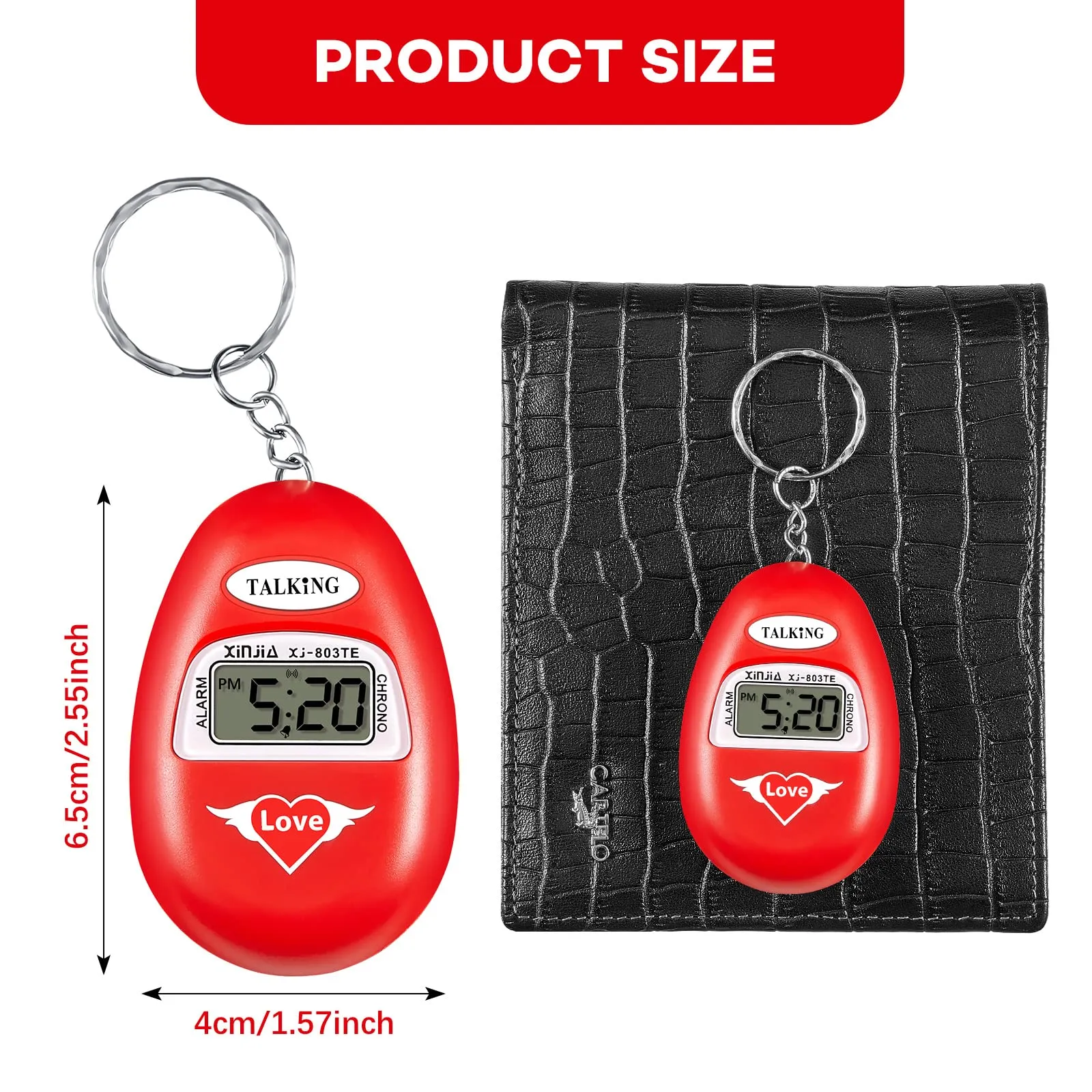2 Pcs English Language Talking Key Chain Clock Big Voice with Alarm Talking Clock for Blind People Visually Impaired Elderly Low Vision Clocks Talking Alarm Clock Keychain Black Red