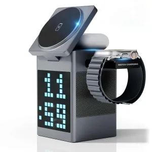 6-in-1 Magnetic Wireless Charging Station with Bluetooth Speaker, Alarm Clock