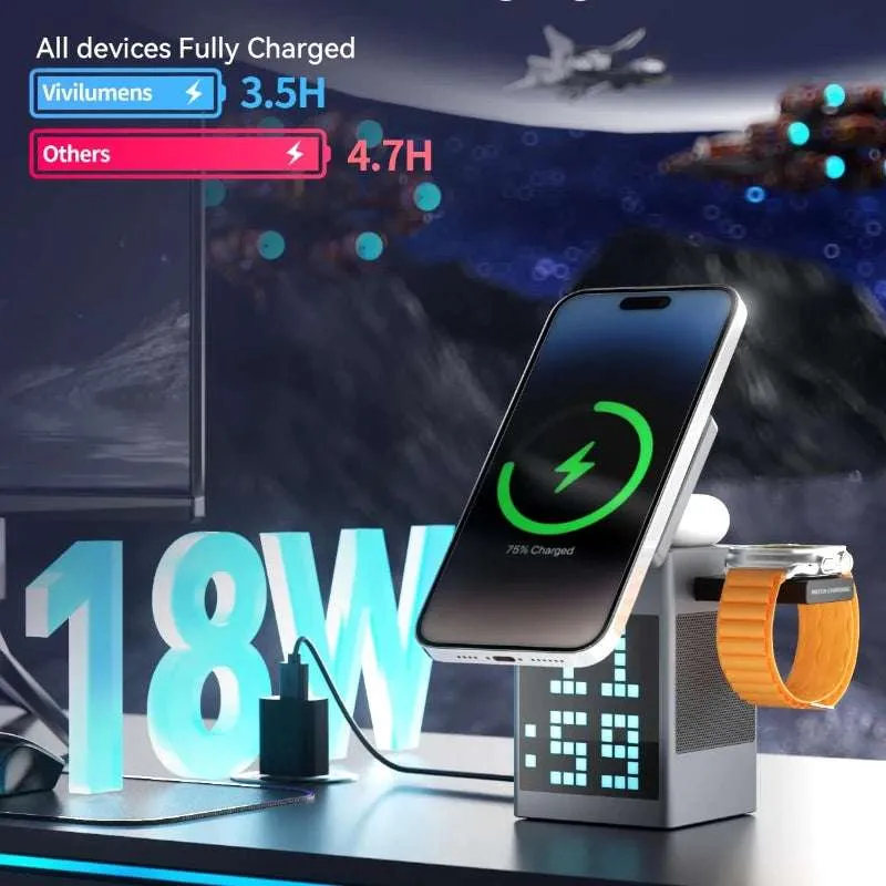 6-in-1 Magnetic Wireless Charging Station with Bluetooth Speaker, Alarm Clock