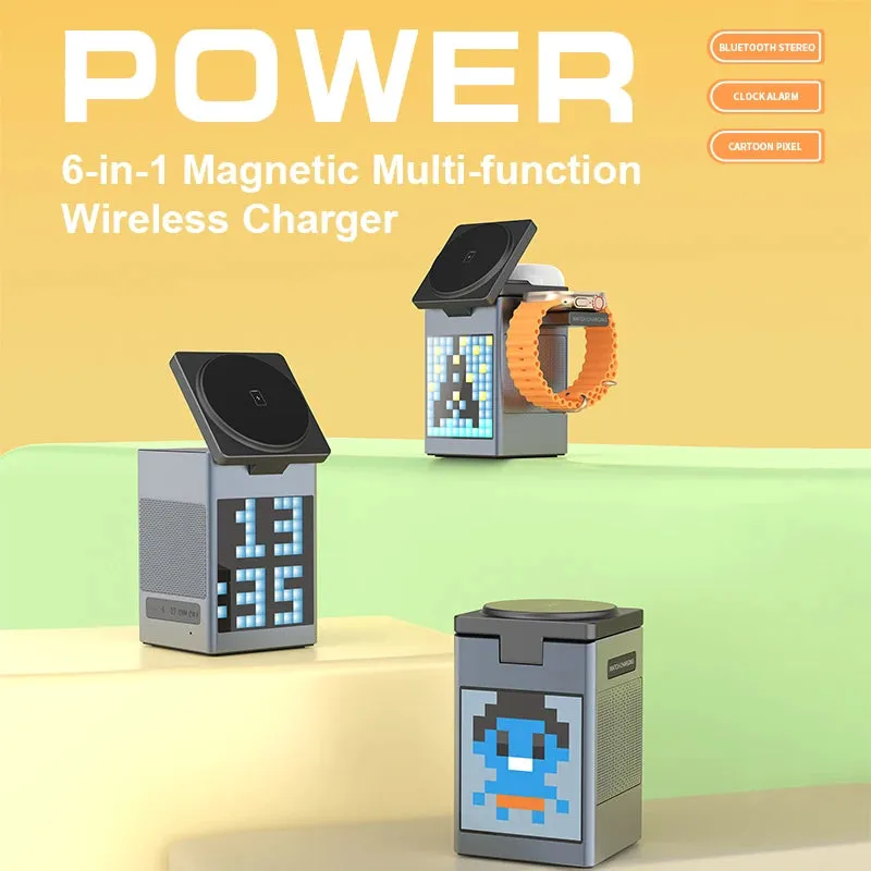 6-in-1 Magnetic Wireless Charging Station with Bluetooth Speaker, Alarm Clock