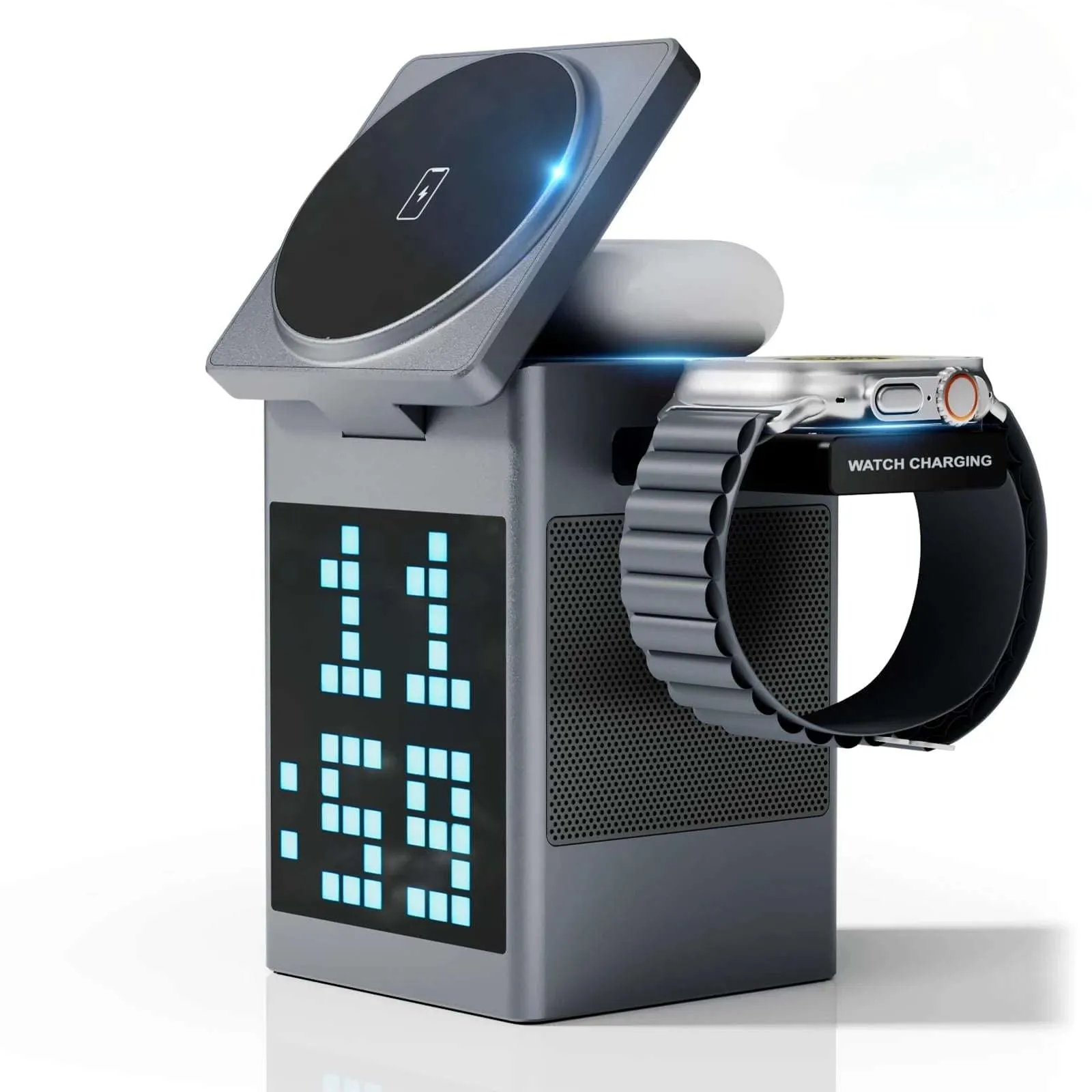 6-in-1 Magnetic Wireless Charging Station with Bluetooth Speaker, Alarm Clock