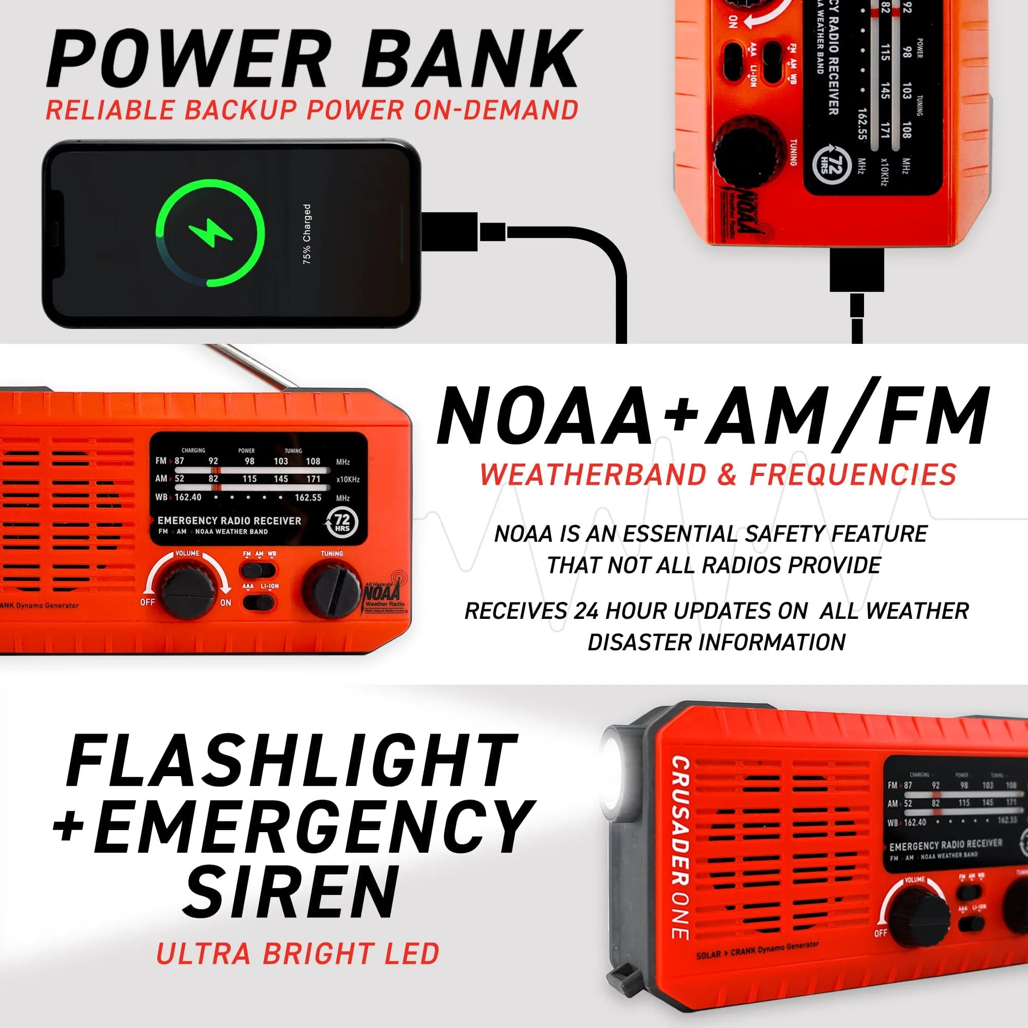 72HRS CRUSADER ONE NOAA Flashlight Analog Radio