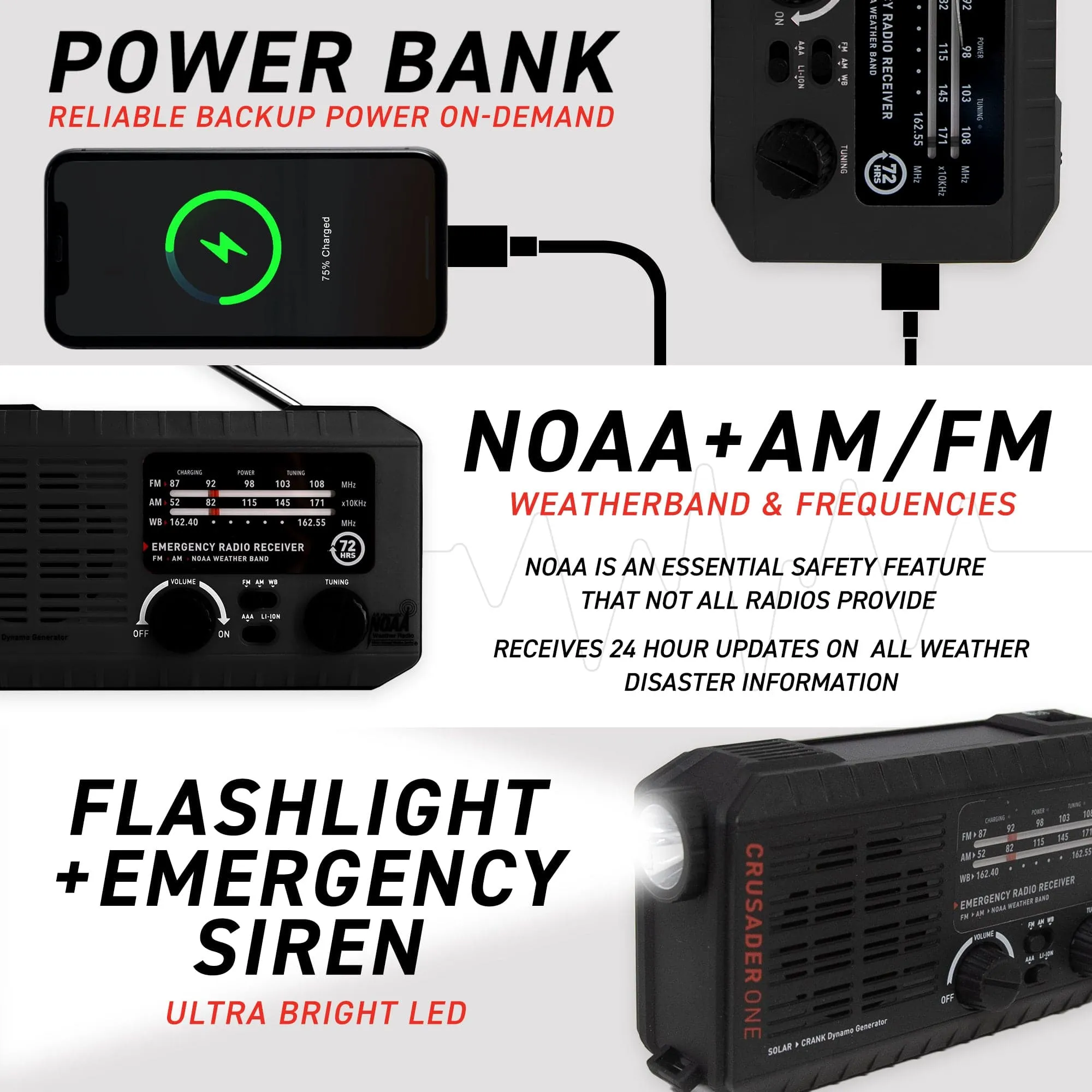 72HRS CRUSADER ONE NOAA Flashlight Analog Radio