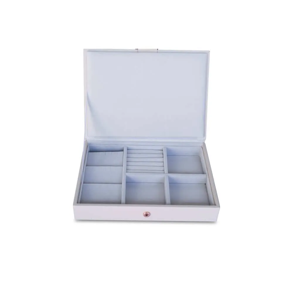 8 Compartment Lidded Leather and Velvet Jewellery Box White