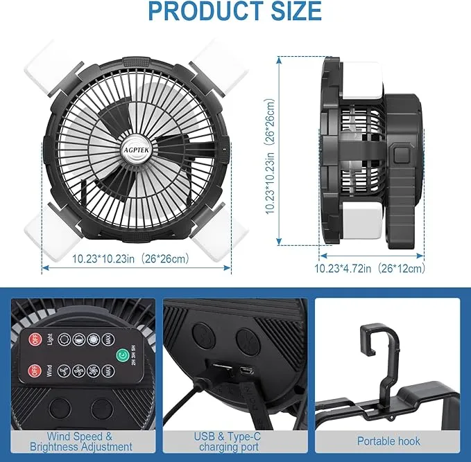 AGPTEK Camping Fan - 8000mAh Rechargeable Outdoor Battery Tent Fans for Camping Hanging with LED Light Lantern & Hook, Portable for Picnics, BBQ, Fishing, Travel, Camping Essentials Accessories