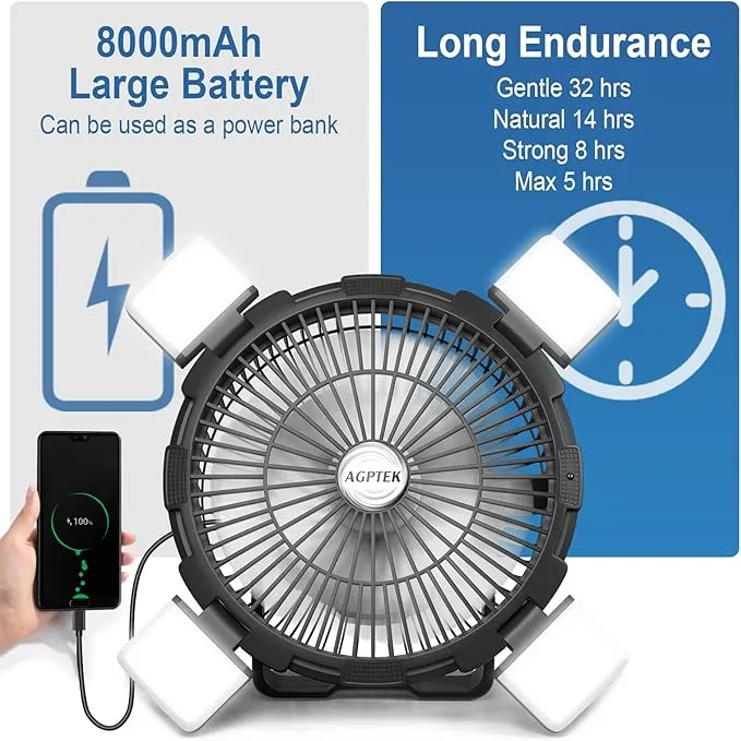 AGPTEK Camping Fan - 8000mAh Rechargeable Outdoor Battery Tent Fans for Camping Hanging with LED Light Lantern & Hook, Portable for Picnics, BBQ, Fishing, Travel, Camping Essentials Accessories