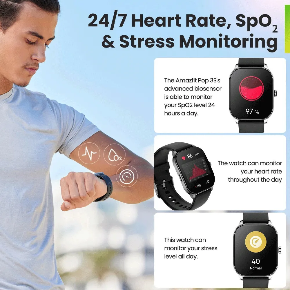 Amazfit Pop 3S Smart Watch (49mm) Silver Case With Black Silicone Strap