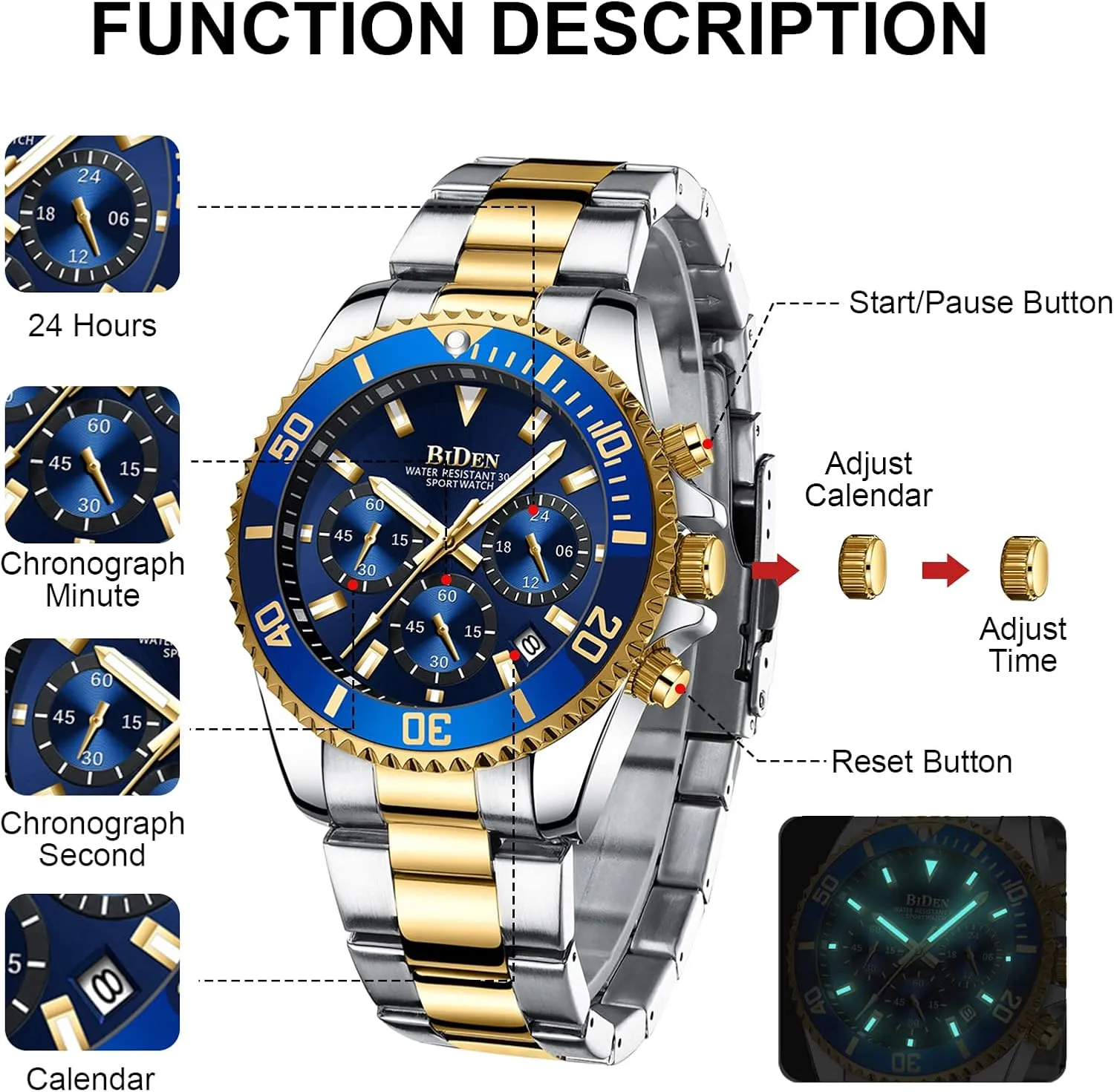 BIDEN Mens Watches Chronograph Stainless Steel Waterproof Date Analog Quartz Watch Business Wrist Watches for Men