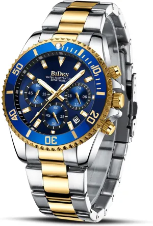 BIDEN Mens Watches Chronograph Stainless Steel Waterproof Date Analog Quartz Watch Business Wrist Watches for Men