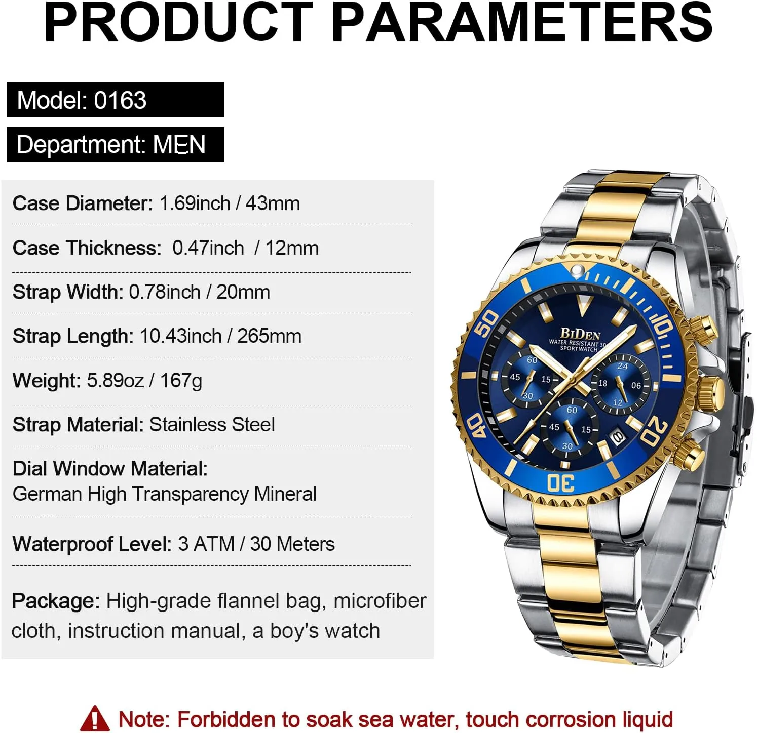 BIDEN Mens Watches Chronograph Stainless Steel Waterproof Date Analog Quartz Watch Business Wrist Watches for Men