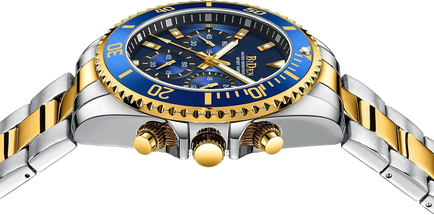 BIDEN Mens Watches Chronograph Stainless Steel Waterproof Date Analog Quartz Watch Business Wrist Watches for Men