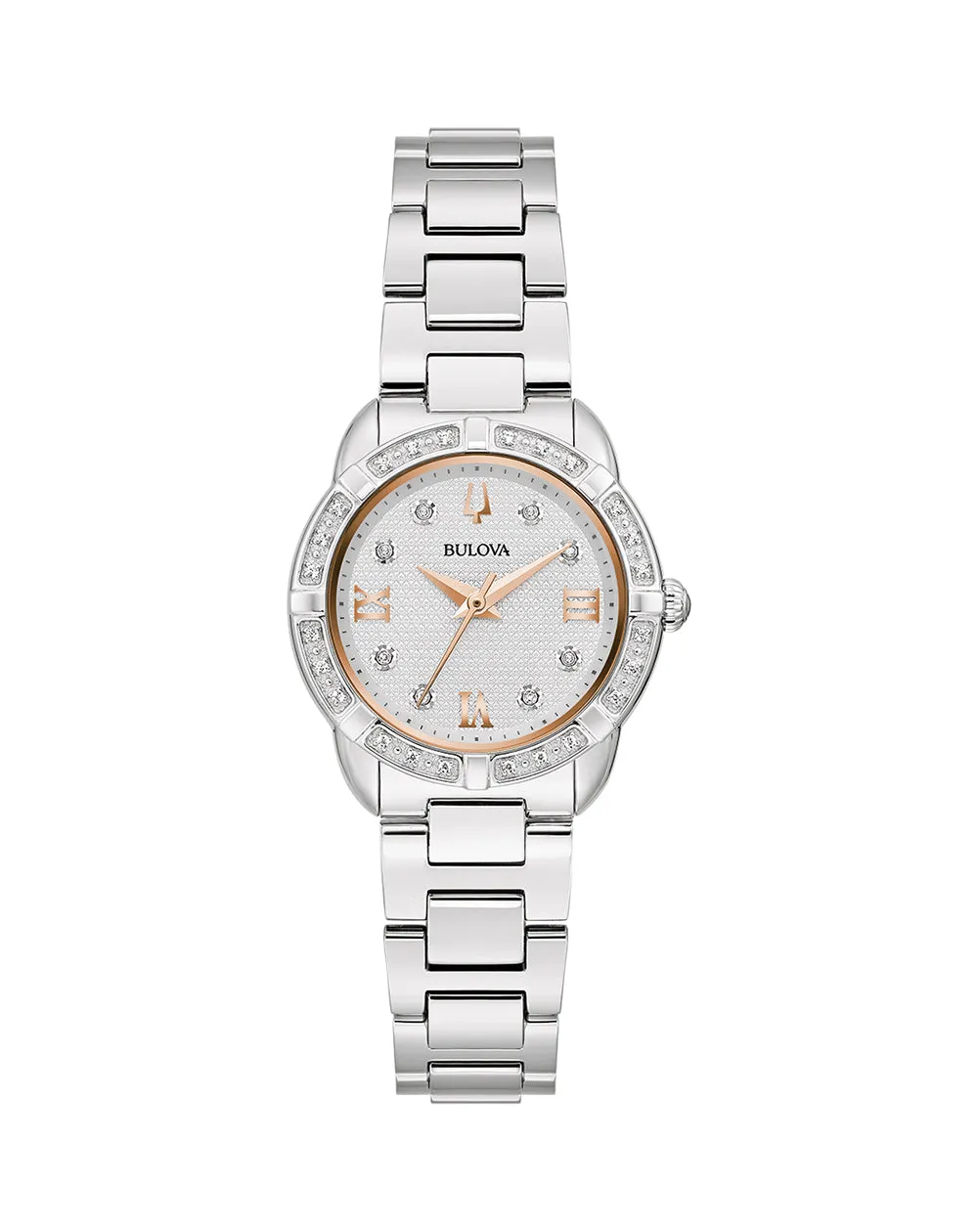 Bulova Women's Rose Gold and Stainless-Steel Diamond Watch with Silver Dial 96R250