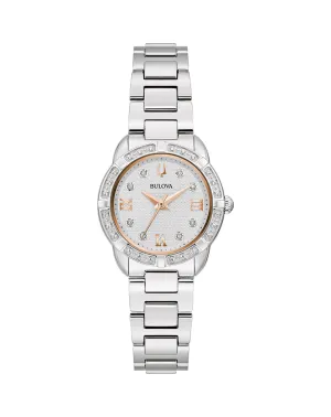Bulova Women's Rose Gold and Stainless-Steel Diamond Watch with Silver Dial 96R250
