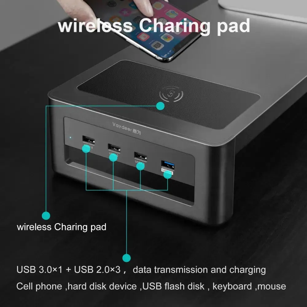 Dual Monitor Stand Holder Metal Riser with Wireless Charging Usb Hub Ports Support Transfer Data Keyboard and Mouse