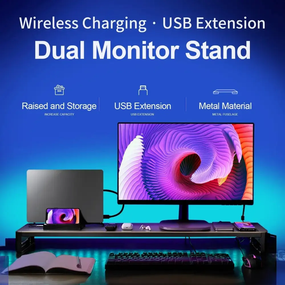 Dual Monitor Stand Holder Metal Riser with Wireless Charging Usb Hub Ports Support Transfer Data Keyboard and Mouse