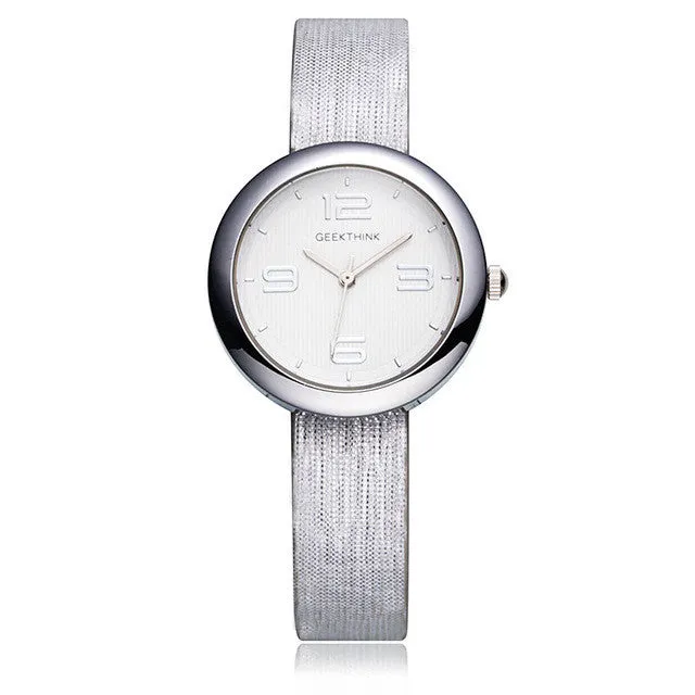 GEEKTHINK One-Piece Quartz Watches Women Brand Ladies Simple Casual Leather strap Wristwatch Gold Girl Clock Female & Gift Box