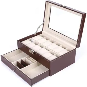 Haundry 12 Slot PU Leather Lockable Watch Storage Boxes, Men & Women Jewelry Display Drawer Case, 2-Tier Organizer Watch Showcase with Glass Lid