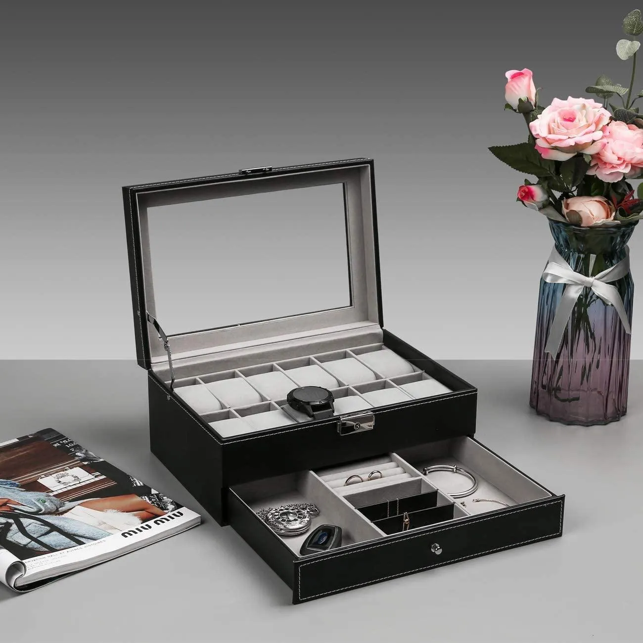 Haundry 12 Slot PU Leather Lockable Watch Storage Boxes, Men & Women Jewelry Display Drawer Case, 2-Tier Organizer Watch Showcase with Glass Lid