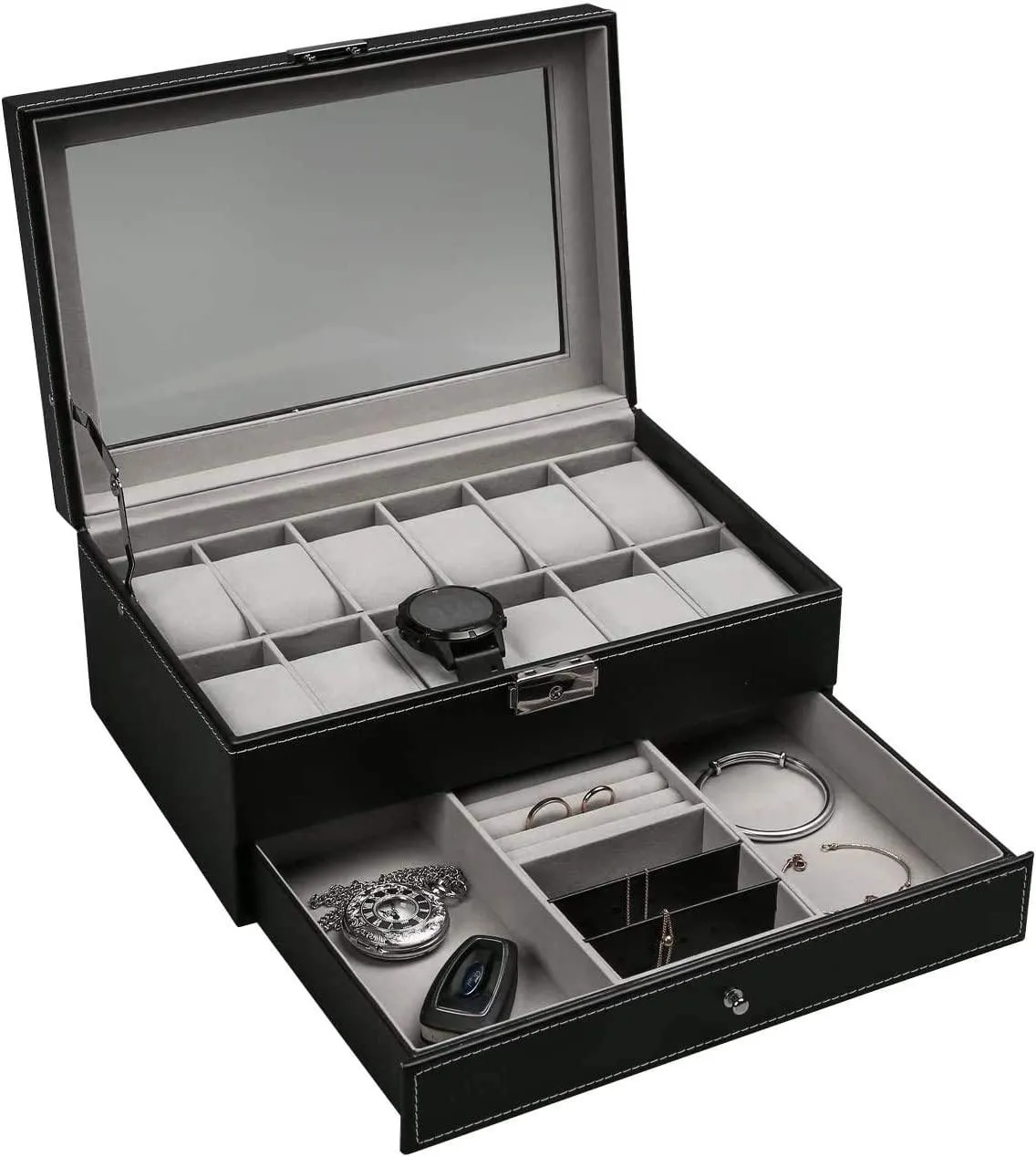 Haundry 12 Slot PU Leather Lockable Watch Storage Boxes, Men & Women Jewelry Display Drawer Case, 2-Tier Organizer Watch Showcase with Glass Lid