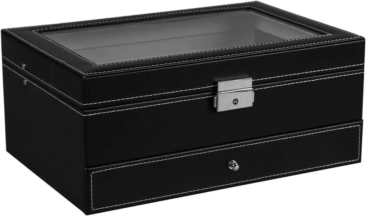Haundry 12 Slot PU Leather Lockable Watch Storage Boxes, Men & Women Jewelry Display Drawer Case, 2-Tier Organizer Watch Showcase with Glass Lid