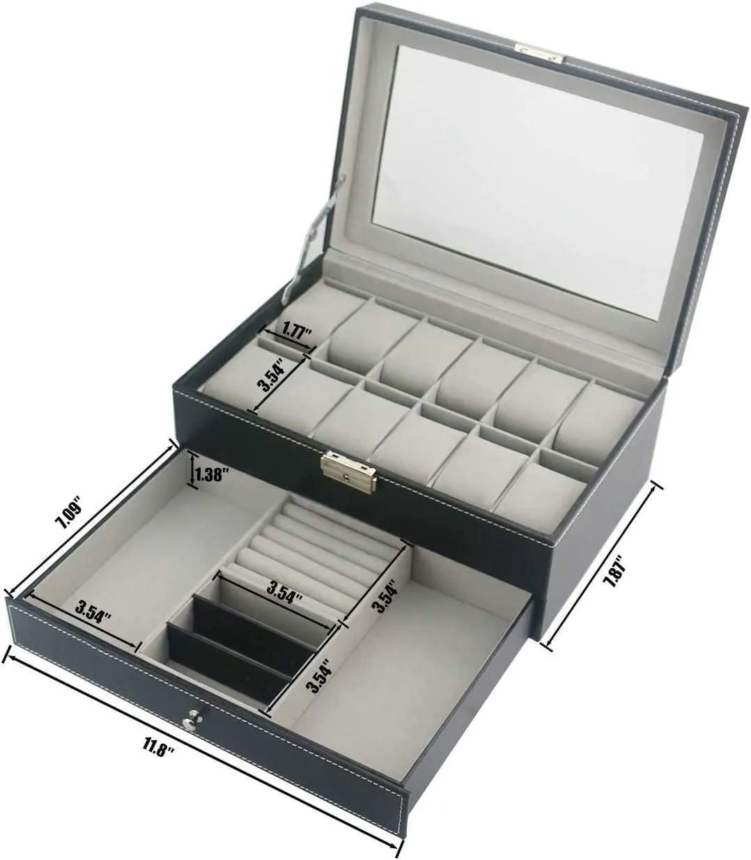 Haundry 12 Slot PU Leather Lockable Watch Storage Boxes, Men & Women Jewelry Display Drawer Case, 2-Tier Organizer Watch Showcase with Glass Lid