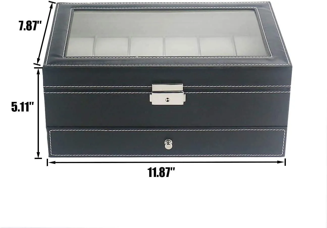 Haundry 12 Slot PU Leather Lockable Watch Storage Boxes, Men & Women Jewelry Display Drawer Case, 2-Tier Organizer Watch Showcase with Glass Lid