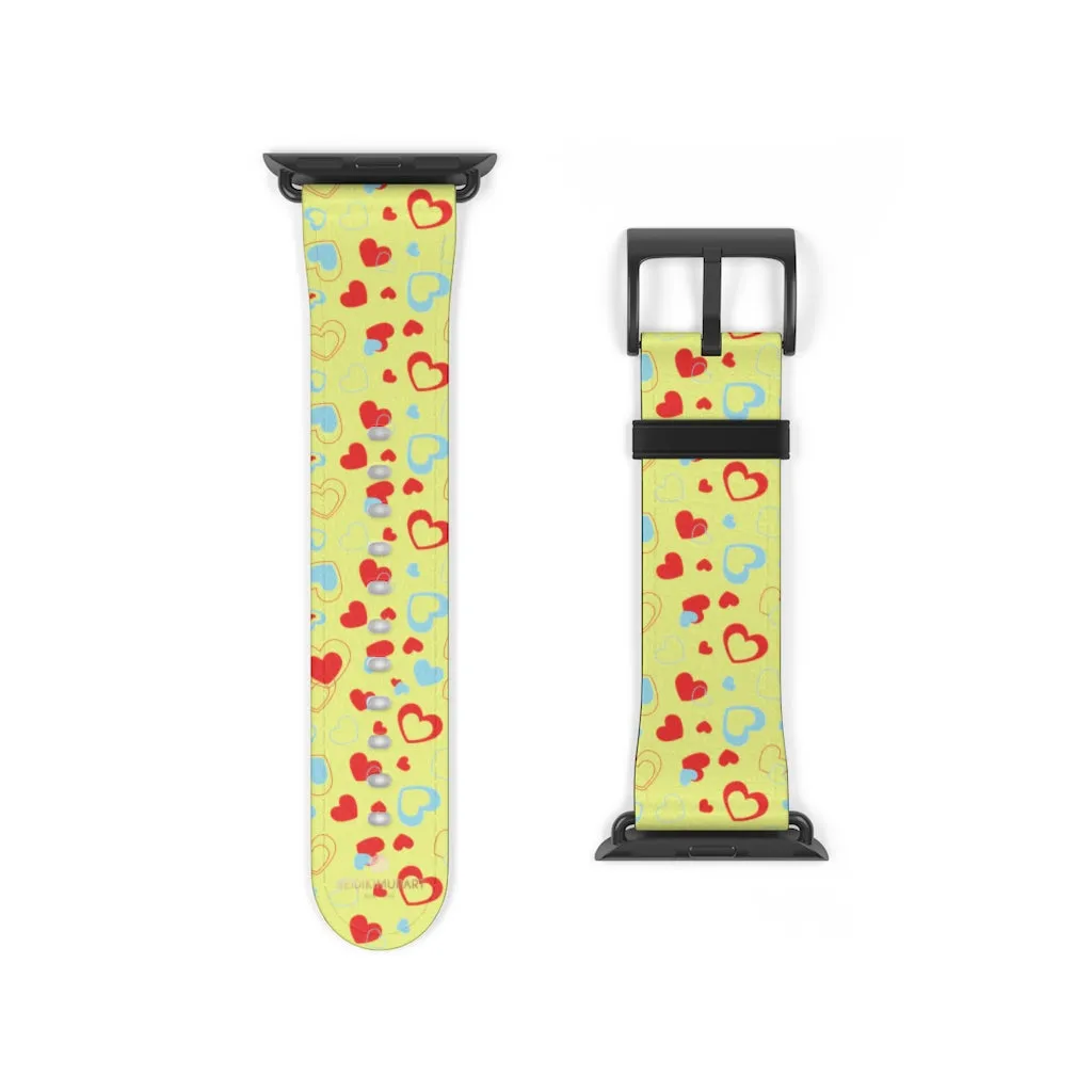 Hearts Pattern Watch Band, Light Yellow Red Hearts Shaped Valentines Day Print Premium 38mm/42mm Watch Band- Made in USA