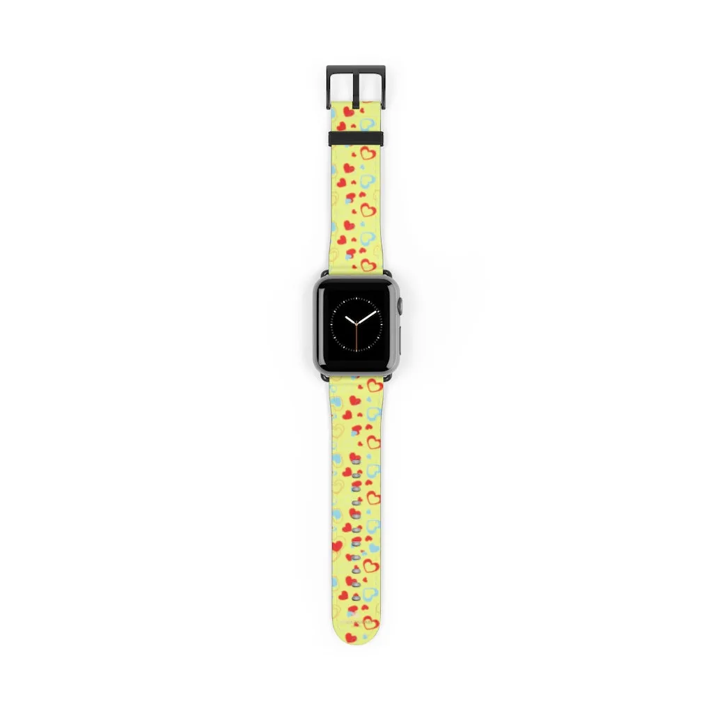 Hearts Pattern Watch Band, Light Yellow Red Hearts Shaped Valentines Day Print Premium 38mm/42mm Watch Band- Made in USA