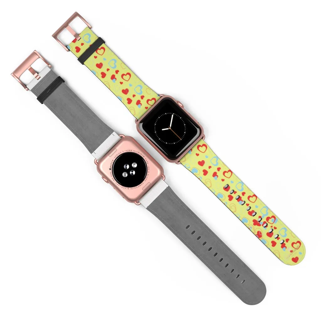 Hearts Pattern Watch Band, Light Yellow Red Hearts Shaped Valentines Day Print Premium 38mm/42mm Watch Band- Made in USA