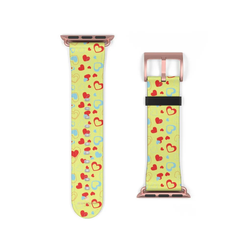 Hearts Pattern Watch Band, Light Yellow Red Hearts Shaped Valentines Day Print Premium 38mm/42mm Watch Band- Made in USA