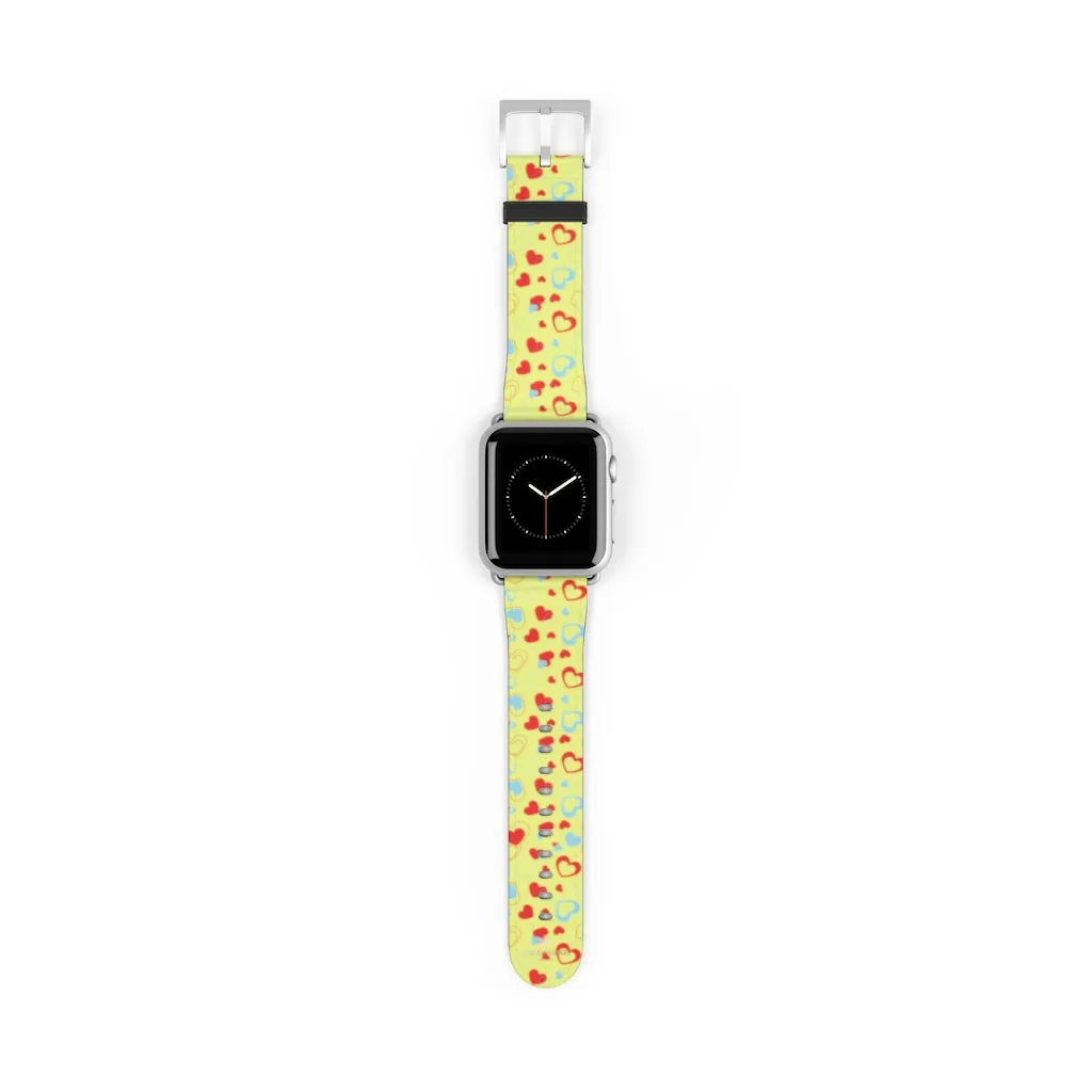Hearts Pattern Watch Band, Light Yellow Red Hearts Shaped Valentines Day Print Premium 38mm/42mm Watch Band- Made in USA