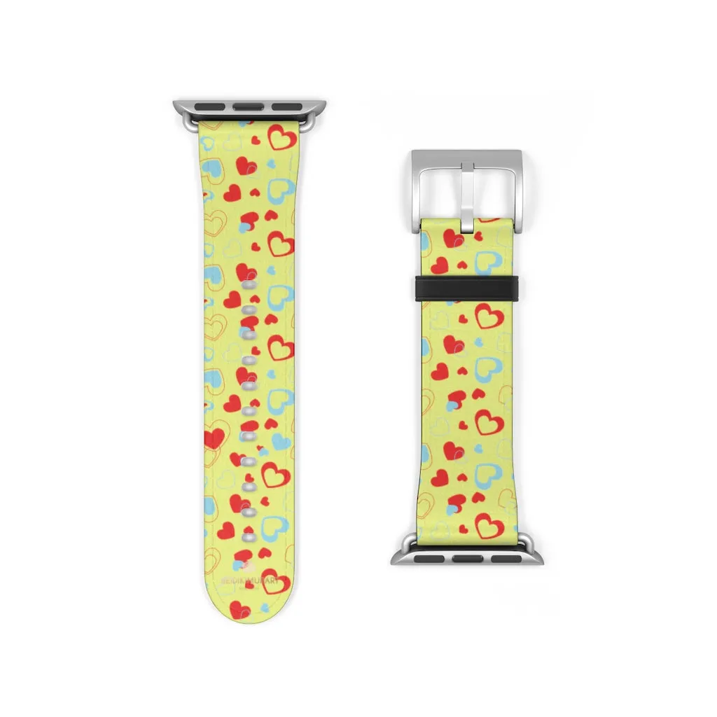 Hearts Pattern Watch Band, Light Yellow Red Hearts Shaped Valentines Day Print Premium 38mm/42mm Watch Band- Made in USA