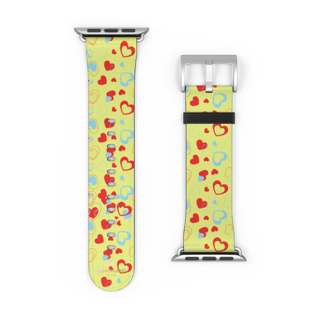 Hearts Pattern Watch Band, Light Yellow Red Hearts Shaped Valentines Day Print Premium 38mm/42mm Watch Band- Made in USA