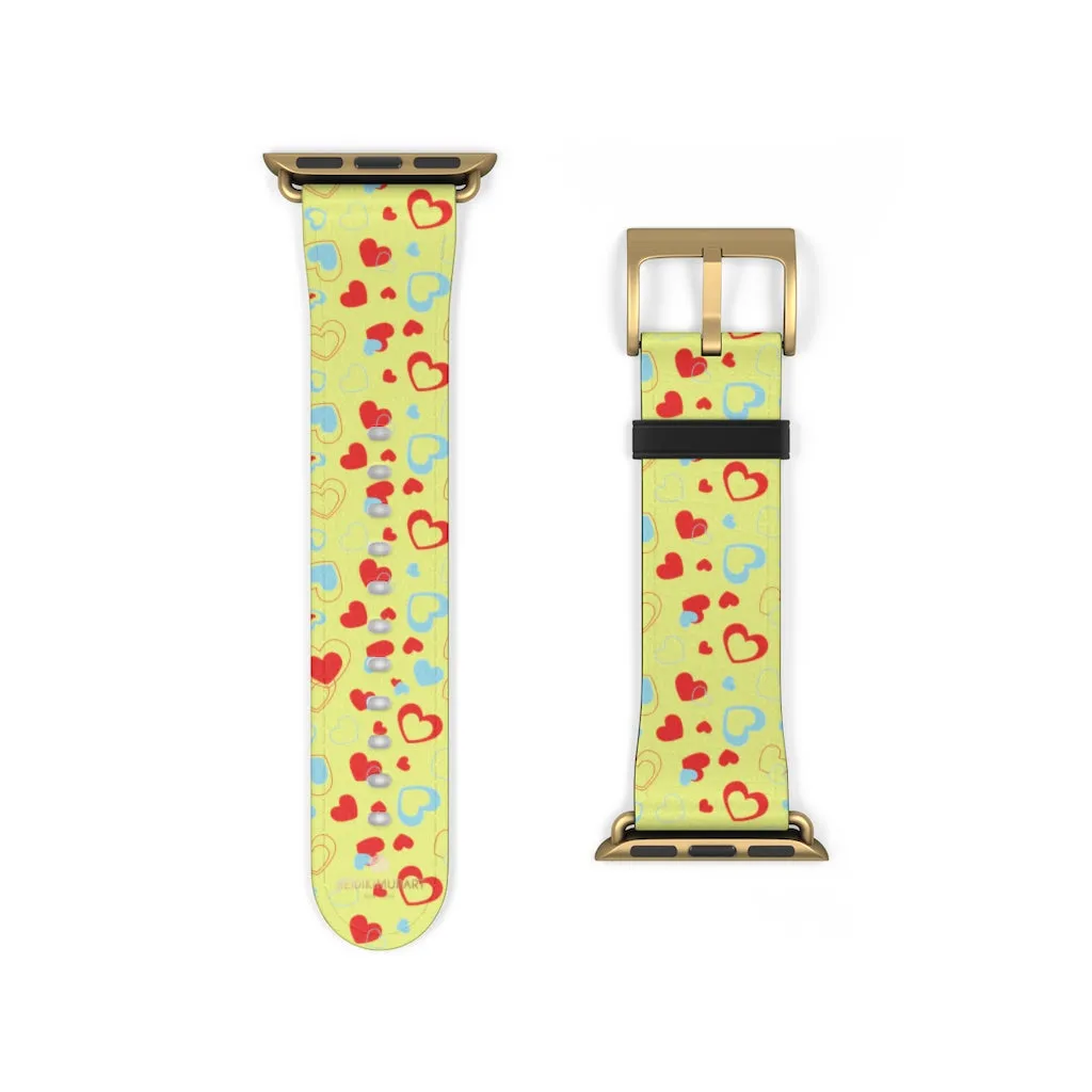 Hearts Pattern Watch Band, Light Yellow Red Hearts Shaped Valentines Day Print Premium 38mm/42mm Watch Band- Made in USA