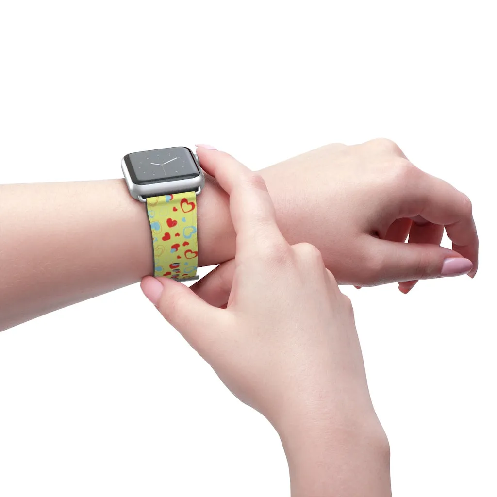 Hearts Pattern Watch Band, Light Yellow Red Hearts Shaped Valentines Day Print Premium 38mm/42mm Watch Band- Made in USA