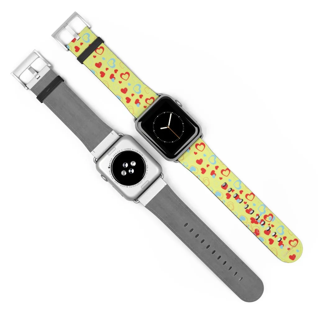 Hearts Pattern Watch Band, Light Yellow Red Hearts Shaped Valentines Day Print Premium 38mm/42mm Watch Band- Made in USA