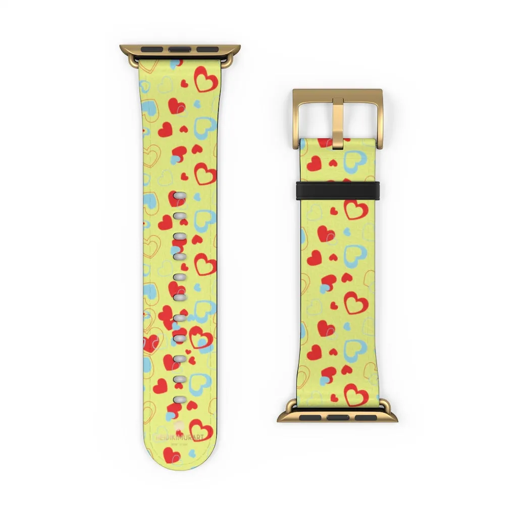 Hearts Pattern Watch Band, Light Yellow Red Hearts Shaped Valentines Day Print Premium 38mm/42mm Watch Band- Made in USA