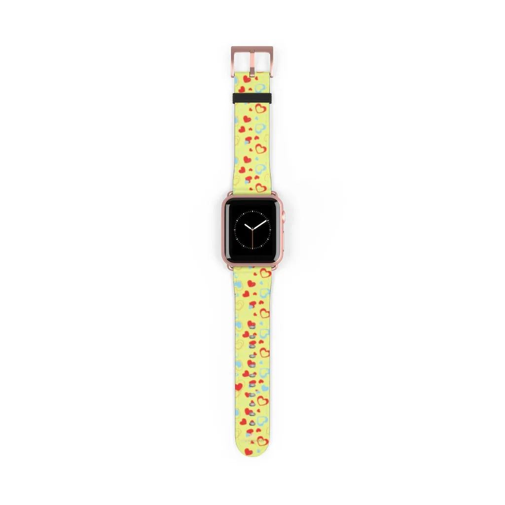 Hearts Pattern Watch Band, Light Yellow Red Hearts Shaped Valentines Day Print Premium 38mm/42mm Watch Band- Made in USA