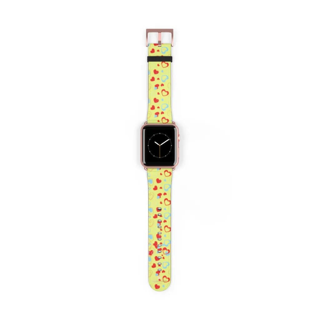 Hearts Pattern Watch Band, Light Yellow Red Hearts Shaped Valentines Day Print Premium 38mm/42mm Watch Band- Made in USA